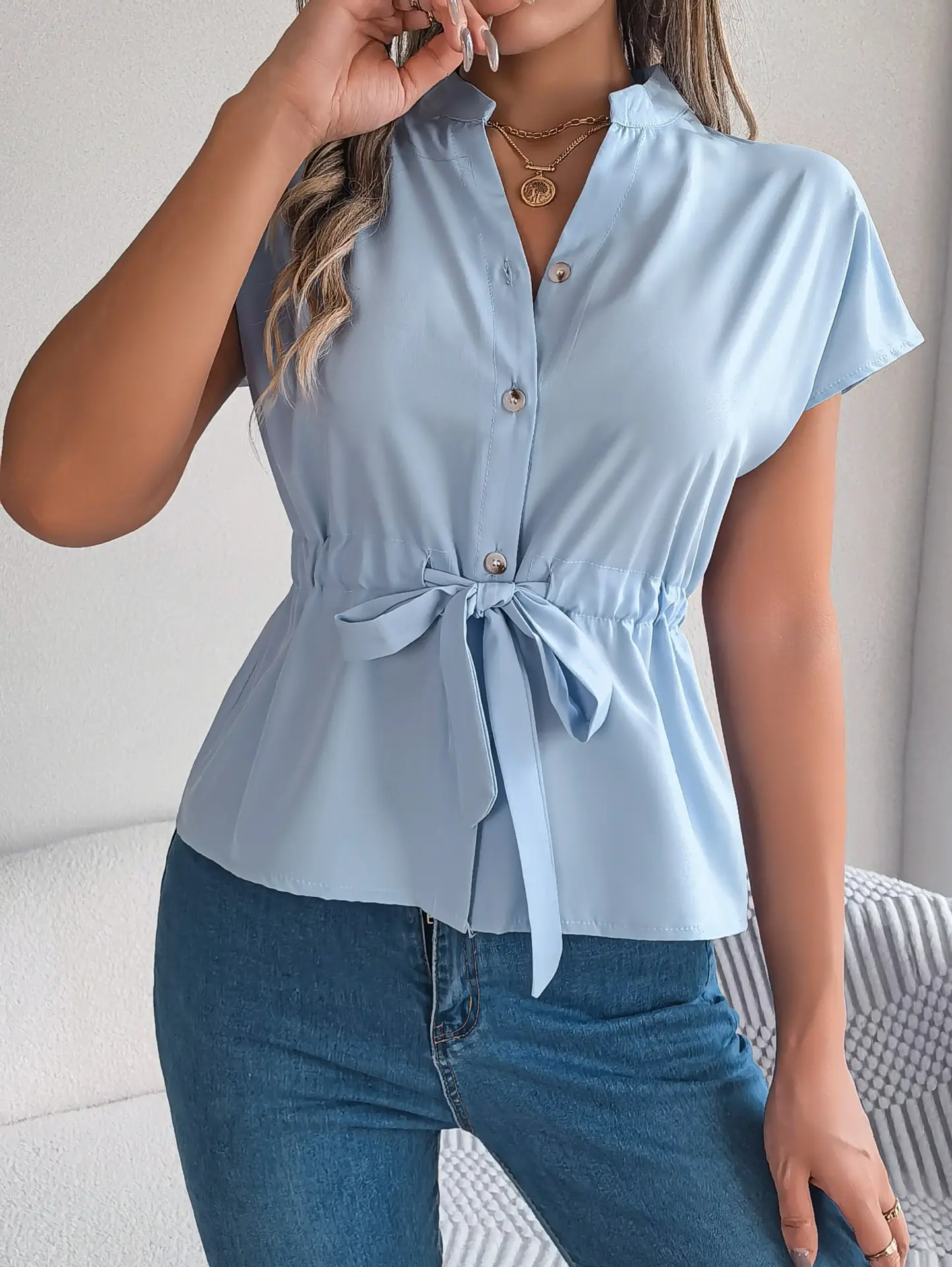 2026 Summer V-Neck Button Shirt Belted Women — feature 34
