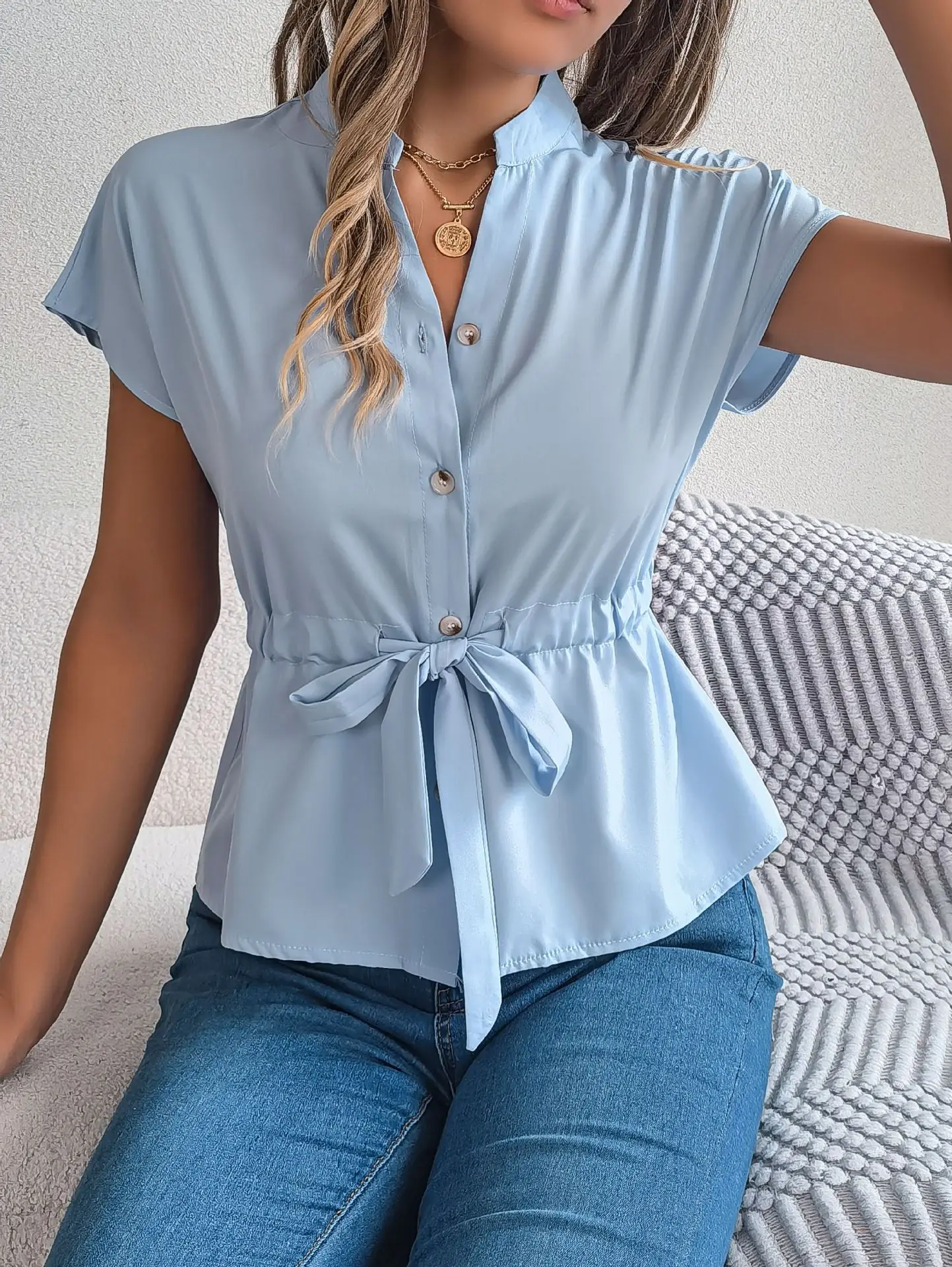2026 Summer V-Neck Button Shirt Belted Women — feature 37
