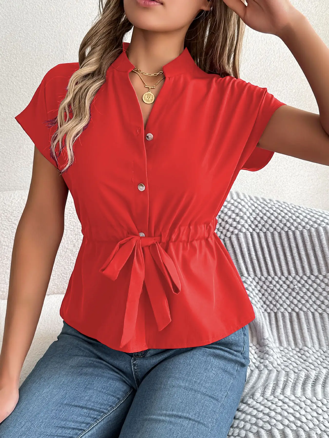 2026 Summer V-Neck Button Shirt Belted Women — feature 38