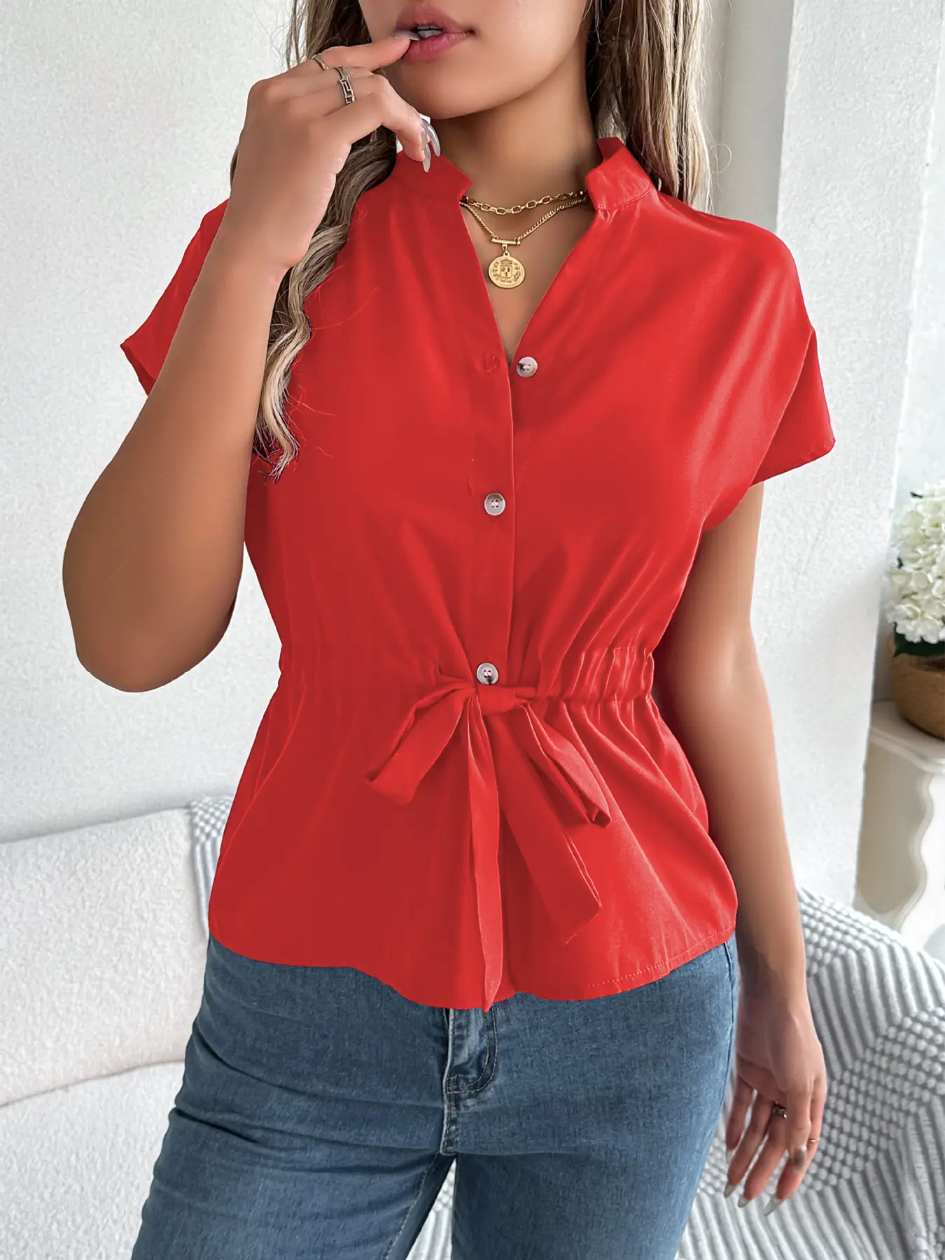 2026 Summer V-Neck Button Shirt Belted Women — feature 41