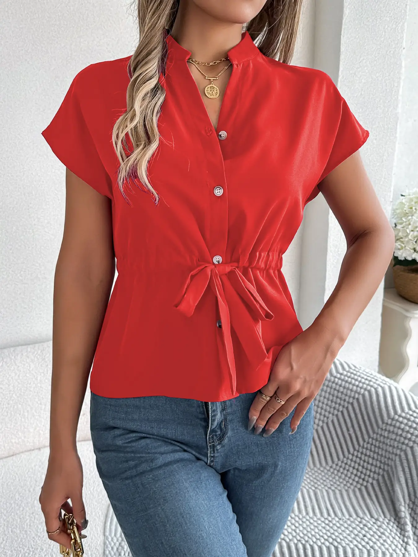 2026 Summer V-Neck Button Shirt Belted Women - Image 3