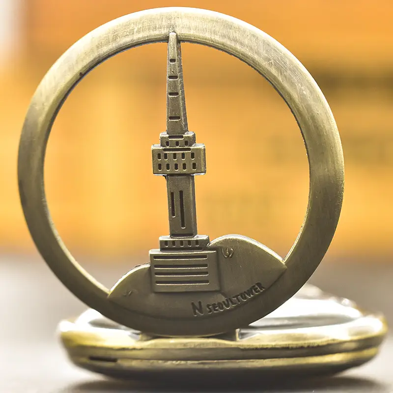 Retro Gold Pocket Watch with Blue City Print - Image 3