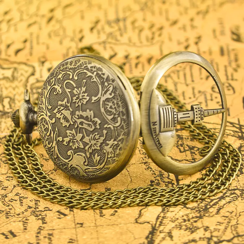 Retro Gold Pocket Watch with Blue City Print - Image 4