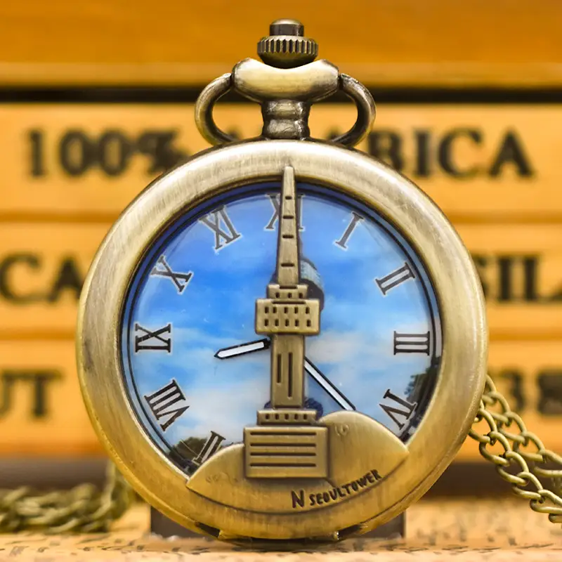 Retro Gold Pocket Watch with Blue City Print - Image 6