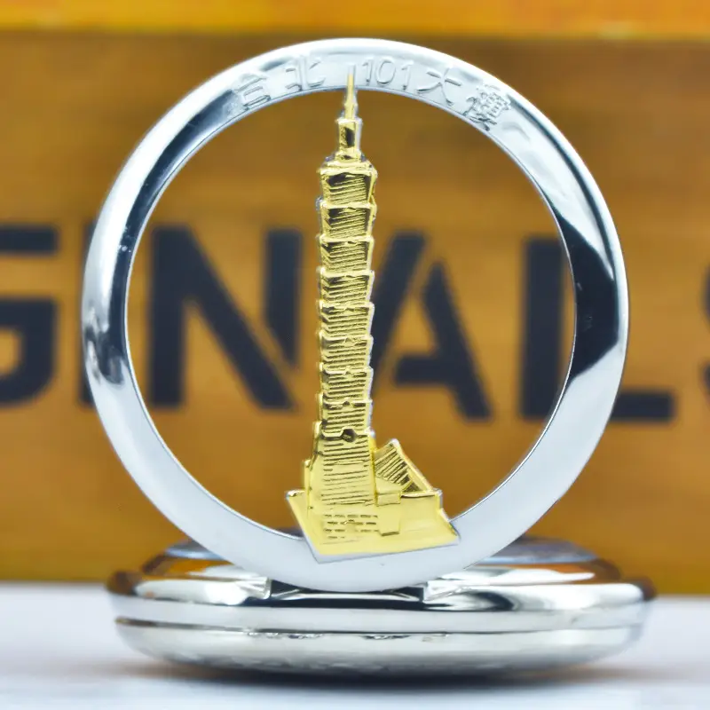 Retro Gold Pocket Watch with Blue City Print — feature 6