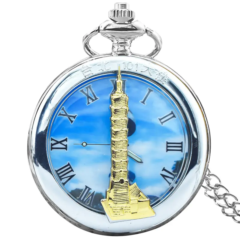 Retro Gold Pocket Watch with Blue City Print - Image 2