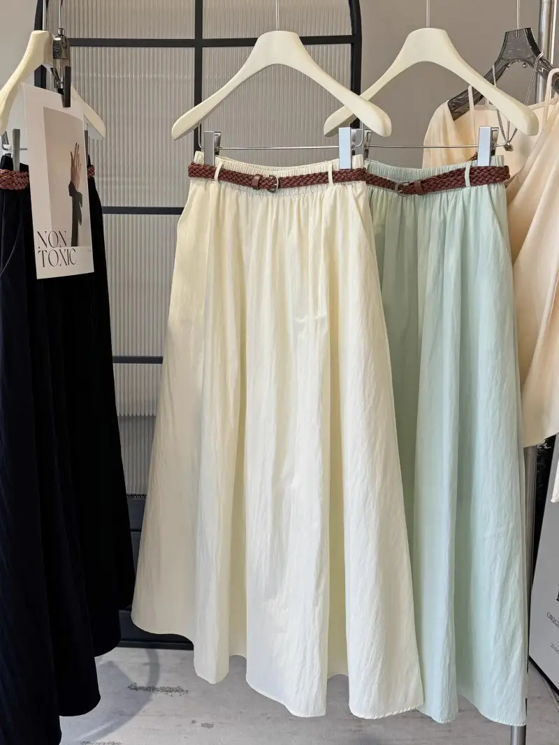 Pure Color Belted Skirt Women Large Swing — feature 4