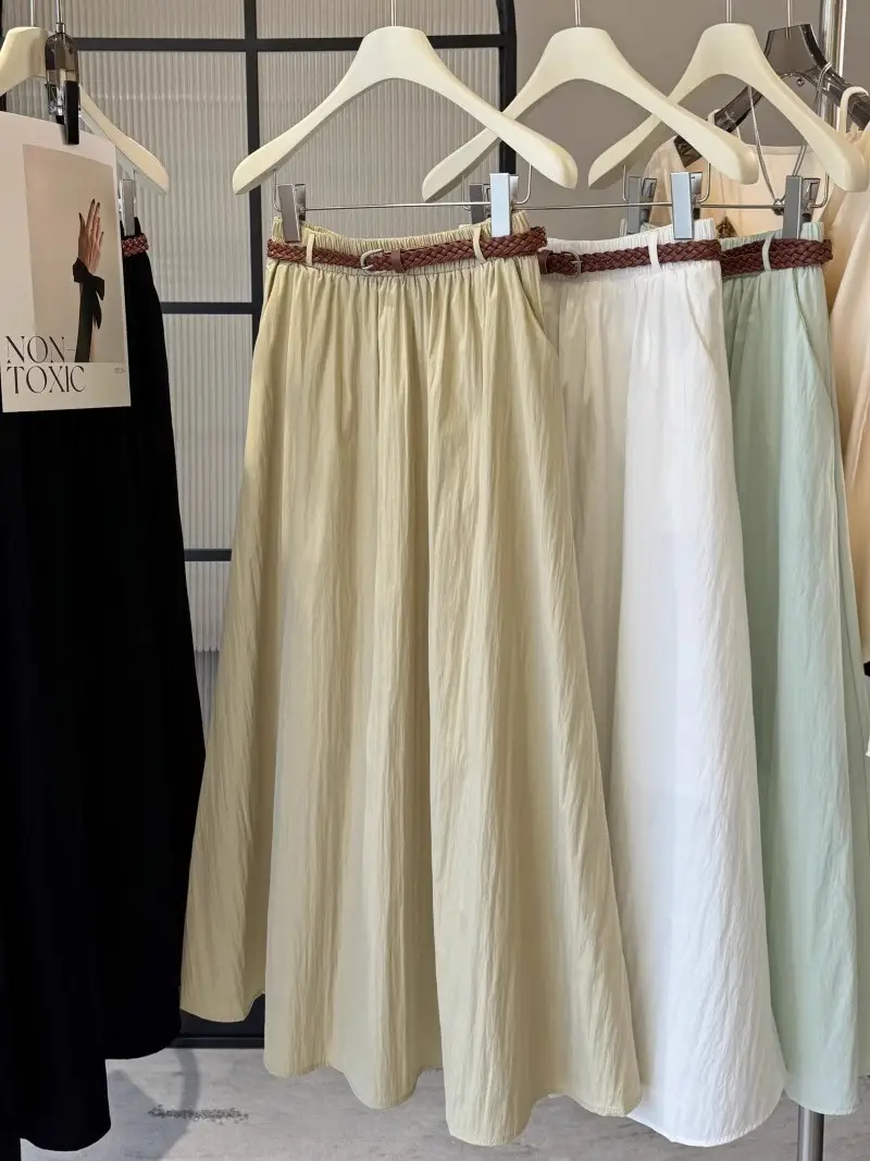 Pure Color Belted Skirt Women Large Swing — feature 5