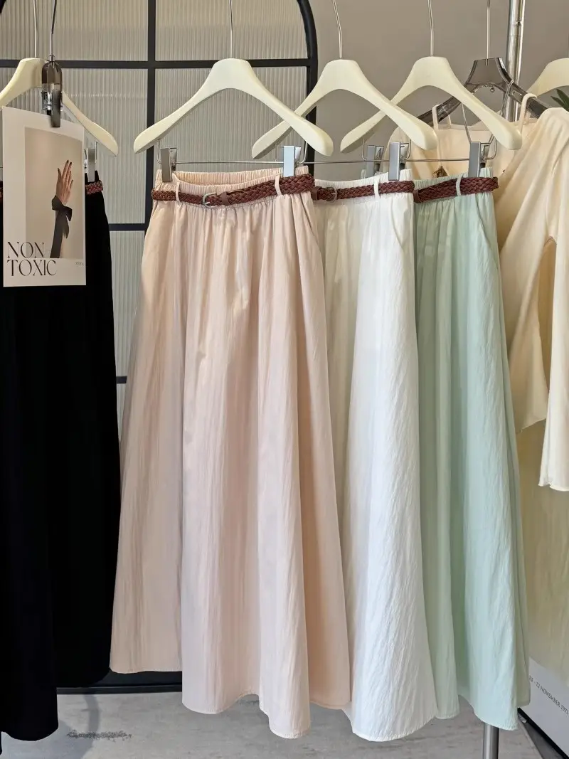 Pure Color Belted Skirt Women Large Swing — feature 6