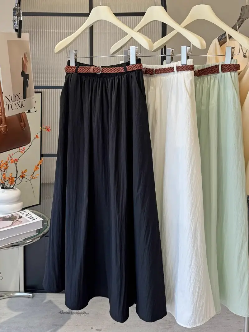 Pure Color Belted Skirt Women Large Swing — feature 7