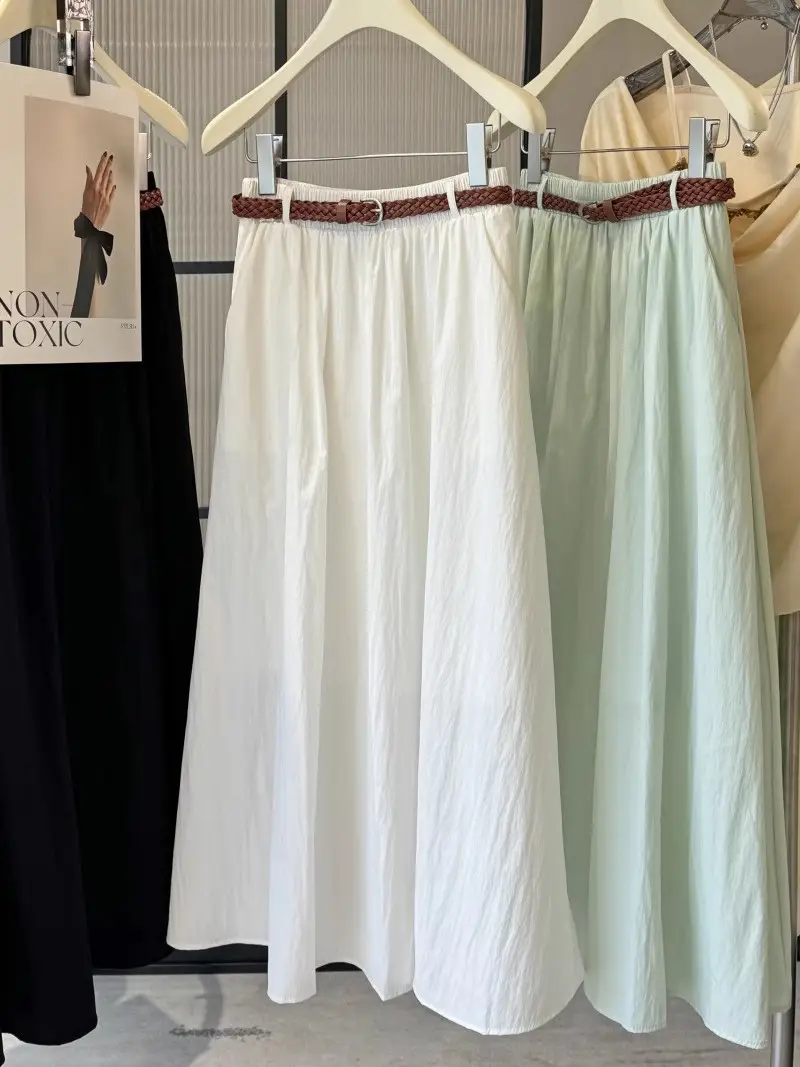 Pure Color Belted Skirt Women Large Swing — feature 9