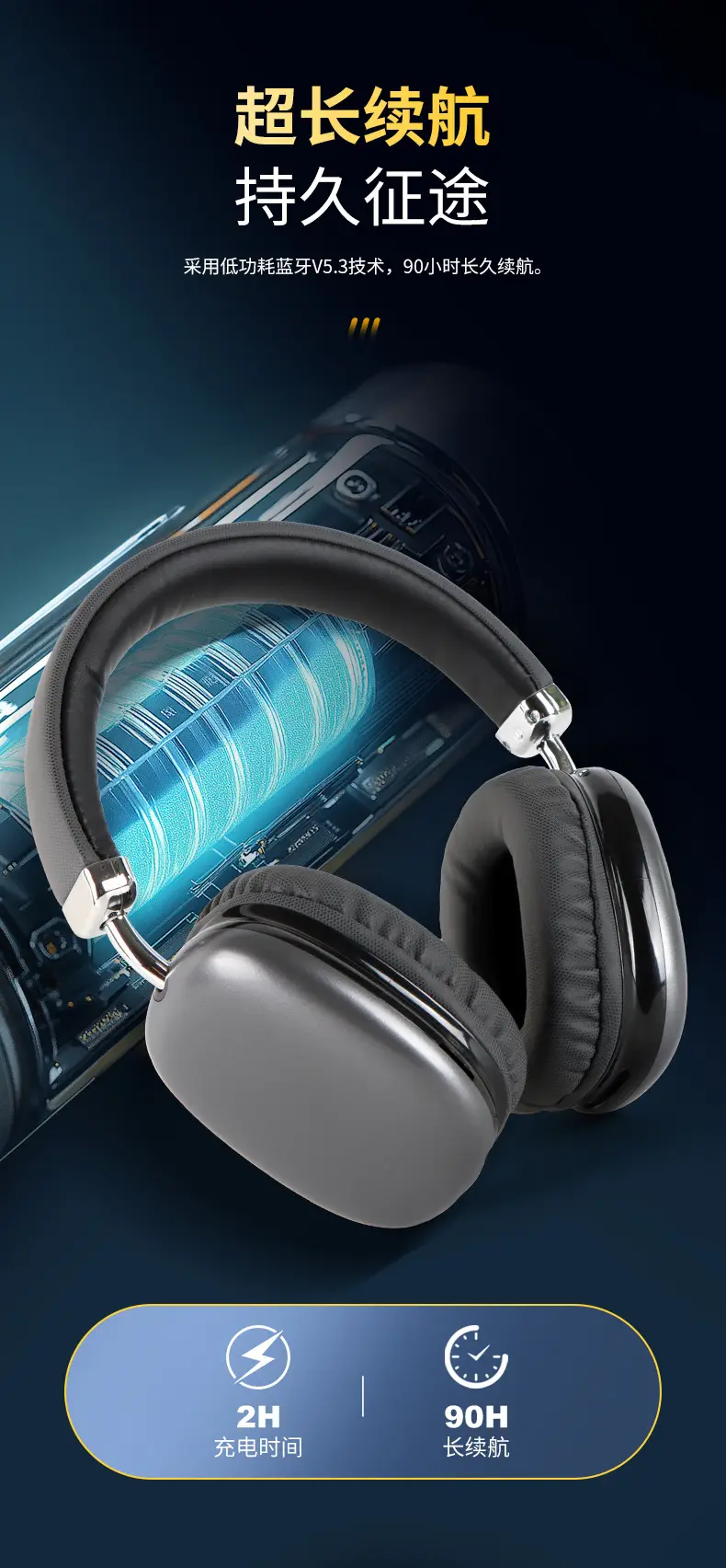 Wireless Bluetooth Headset Black Long Battery — feature 8