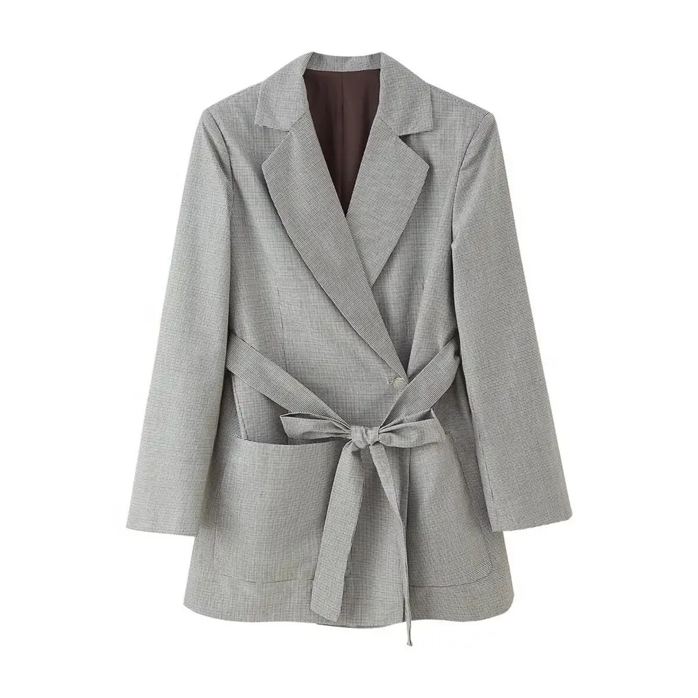 Women Belted Long Sleeve Suit Jacket Set Grey - Image 3