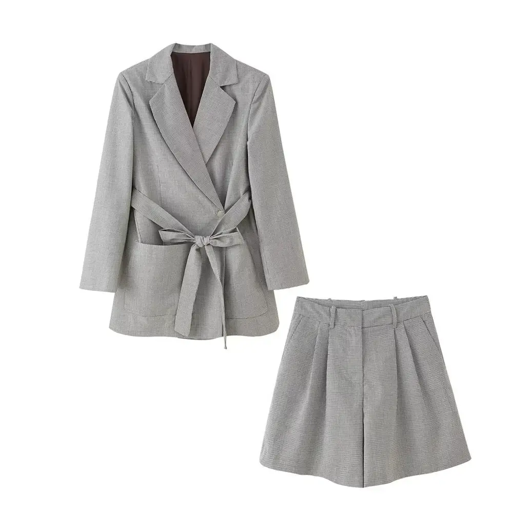 Women Belted Long Sleeve Suit Jacket Set Grey - Image 6