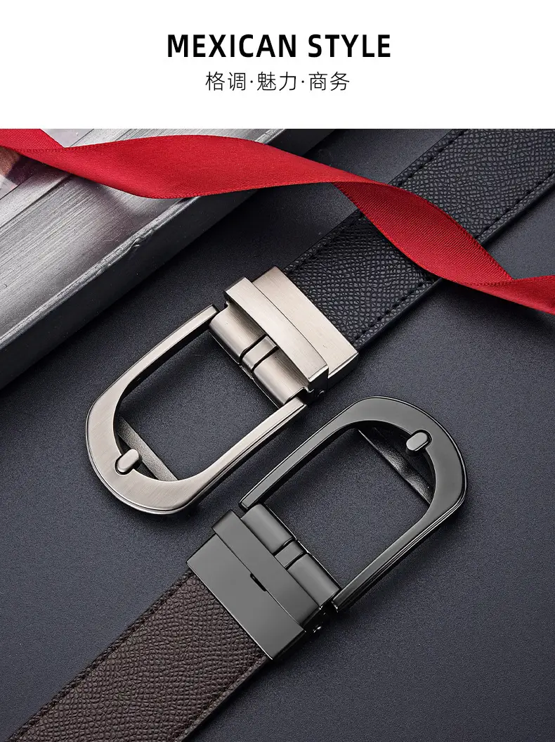 Men's Genuine Leather Pin Buckle Belt Black — feature 1