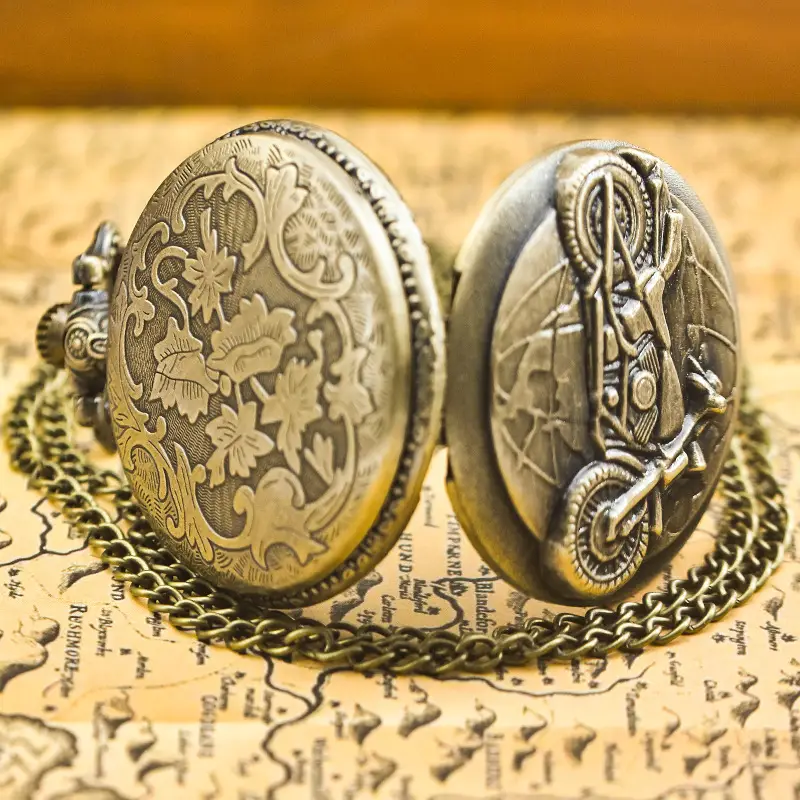 Retro Motorcycle Pocket Watch with Chain & Gold Finish - Image 7