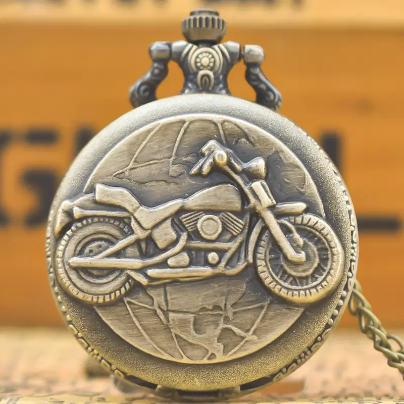 Retro Motorcycle Pocket Watch with Chain & Gold Finish - Image 9