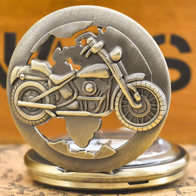 Retro Motorcycle Pocket Watch with Chain & Gold Finish — feature 10