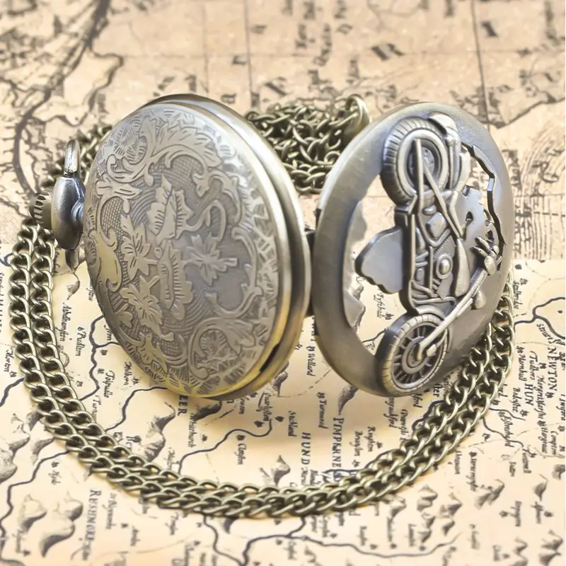 Retro Motorcycle Pocket Watch with Chain & Gold Finish — feature 11