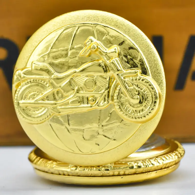 Retro Motorcycle Pocket Watch with Chain & Gold Finish — feature 6