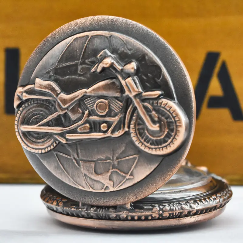 Retro Motorcycle Pocket Watch with Chain & Gold Finish — feature 8