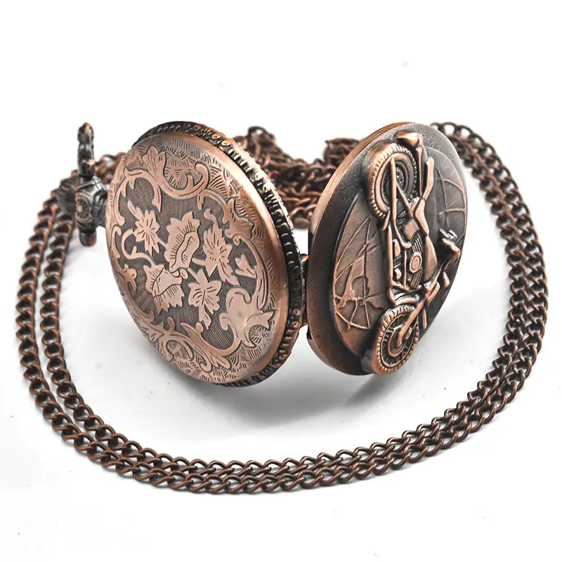 Retro Motorcycle Pocket Watch with Chain & Gold Finish — feature 9