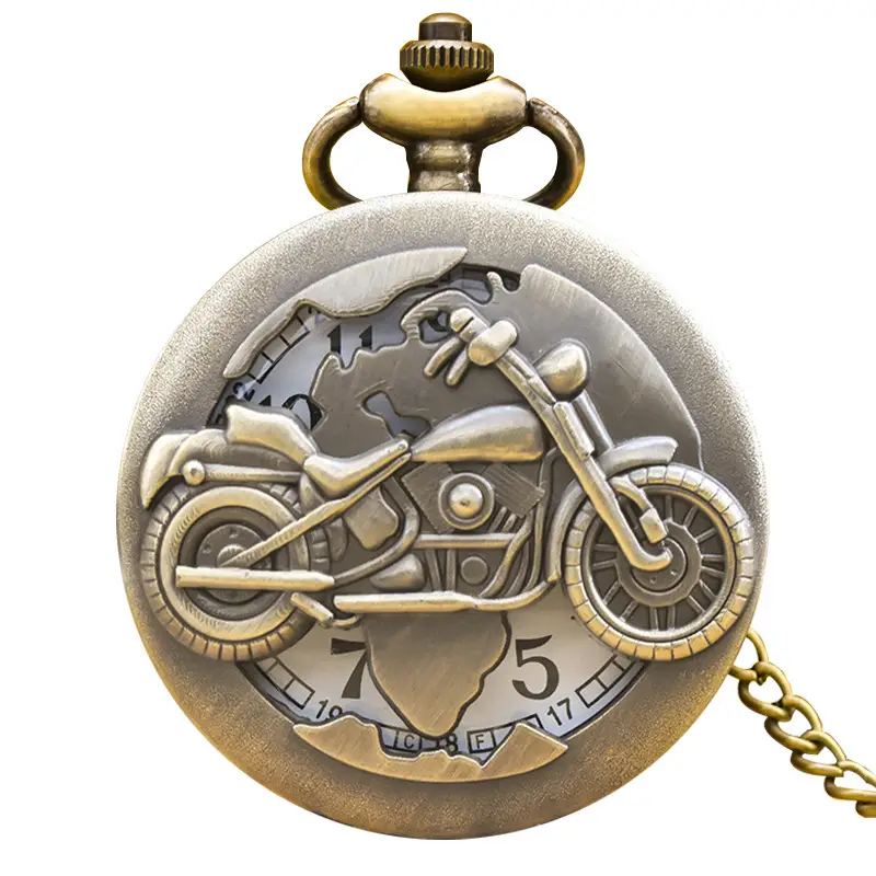 Retro Motorcycle Pocket Watch with Chain & Gold Finish - Image 2