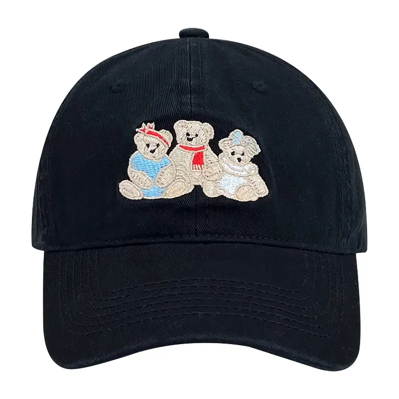 2025 Cartoon Bear Embroidered Black Cap for Kids