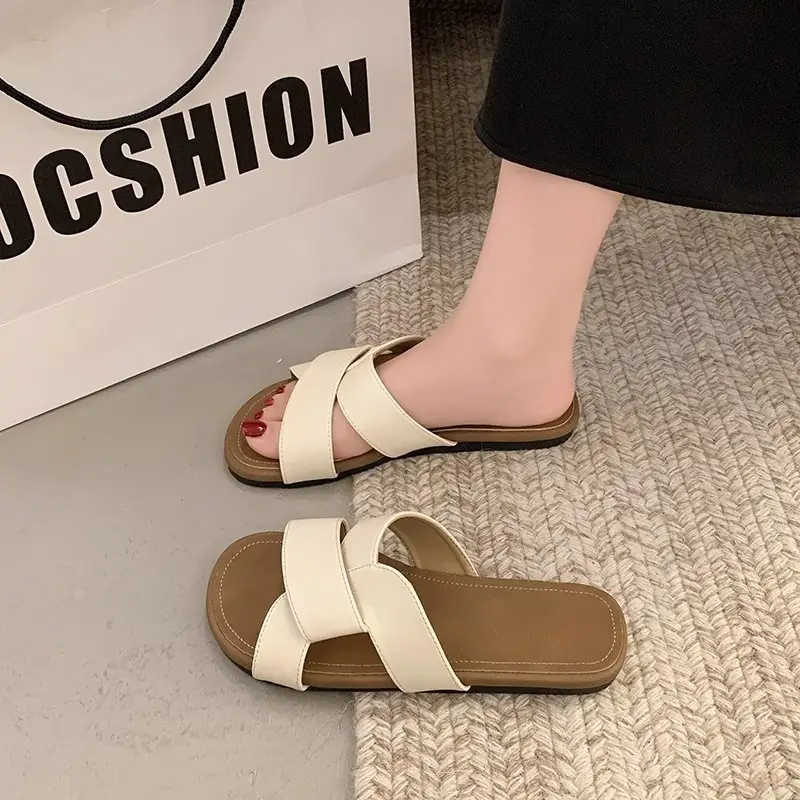 Women's White Cross Strap Flat Slippers 2025 - Image 4