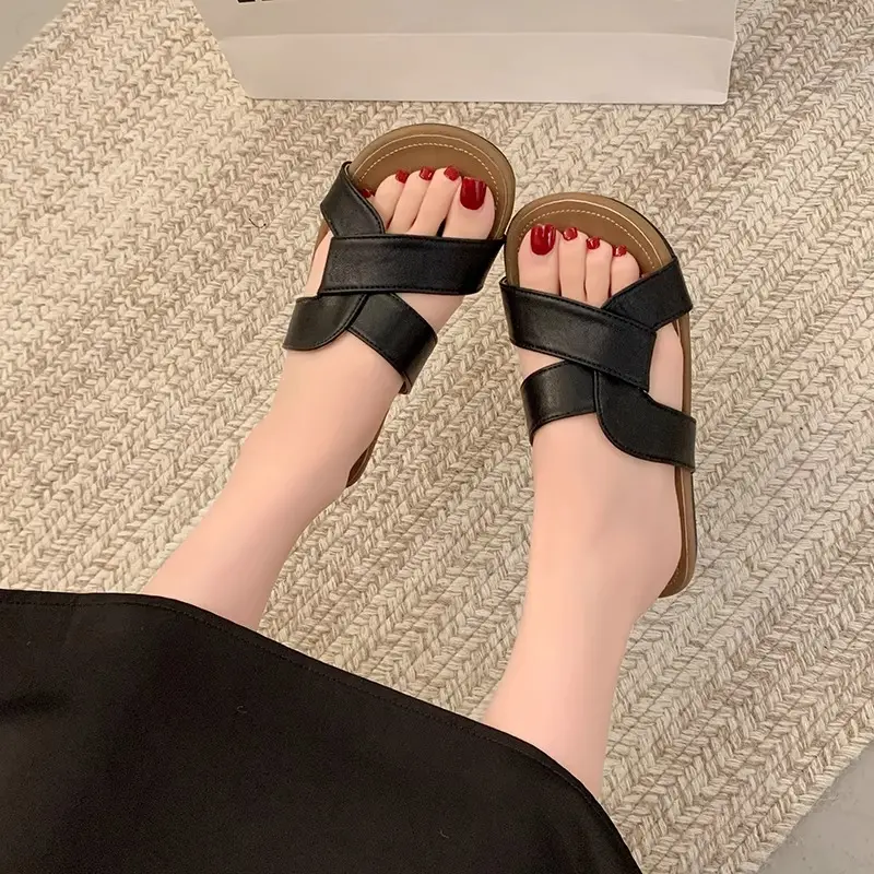 Women's White Cross Strap Flat Slippers 2025 - Image 5