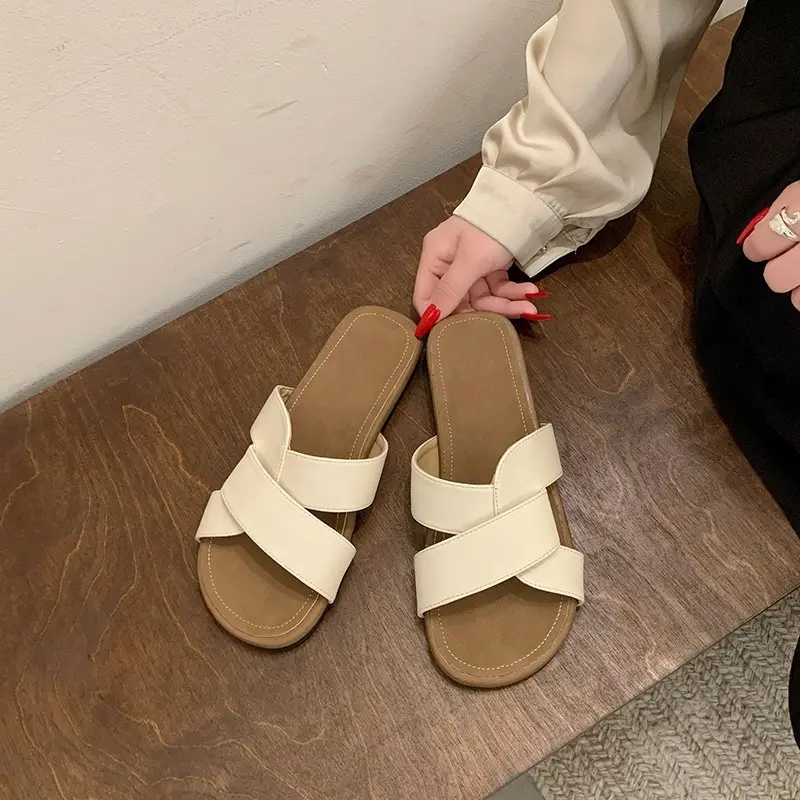 Women's White Cross Strap Flat Slippers 2025 - Image 6