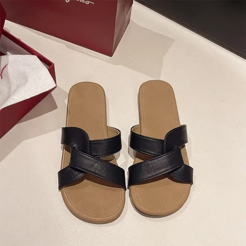 Women's White Cross Strap Flat Slippers 2025 - Image 2