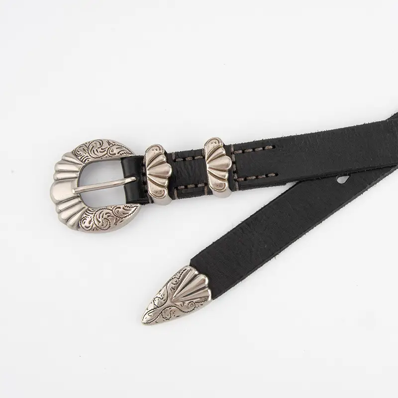 Black Cross-Buckle Belt for Women European Carved Buckle