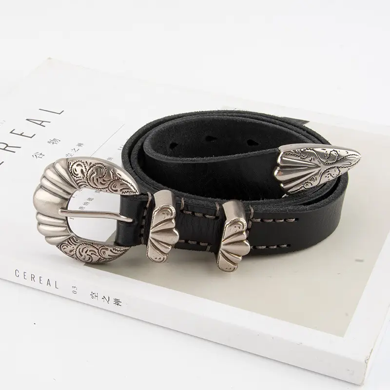 Black Cross-Buckle Belt for Women European Carved Buckle