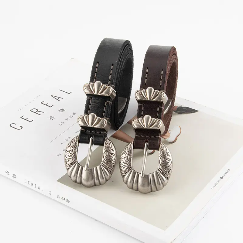 Black Cross-Buckle Belt for Women European Carved Buckle