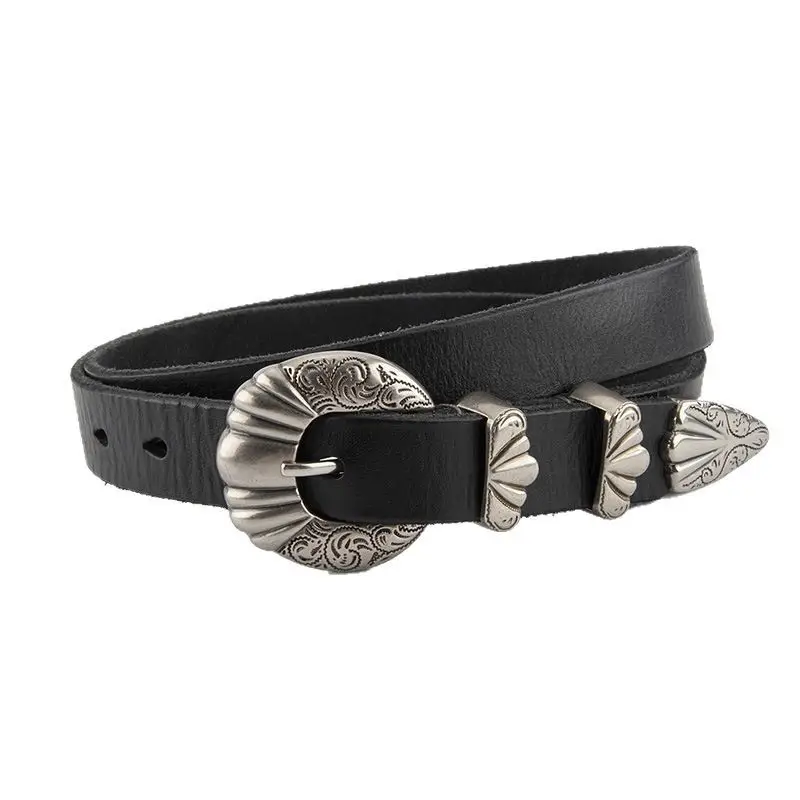 Black Cross-Buckle Belt for Women European Carved Buckle