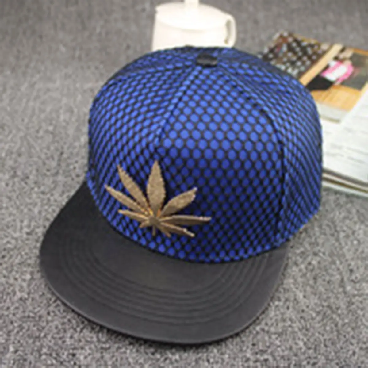 Men Women Blue Mesh Cap with Gold Leaf Design - Image 8