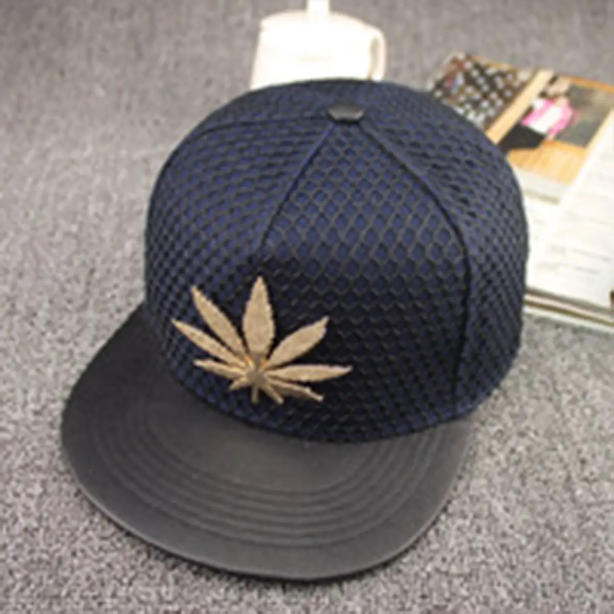Men Women Blue Mesh Cap with Gold Leaf Design - Image 9