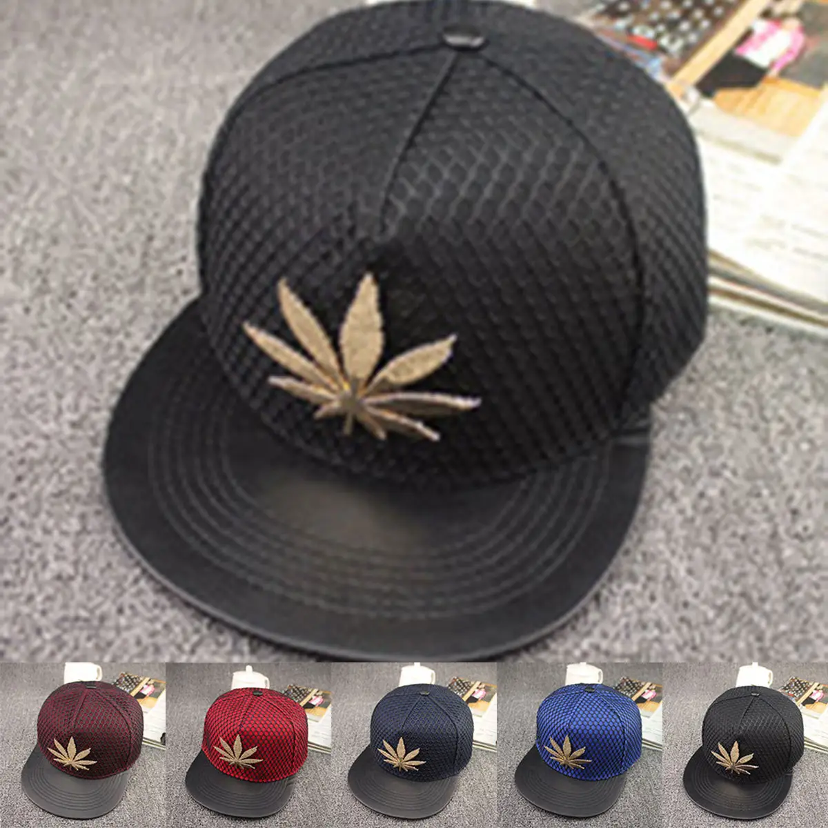Men Women Blue Mesh Cap with Gold Leaf Design — feature 1