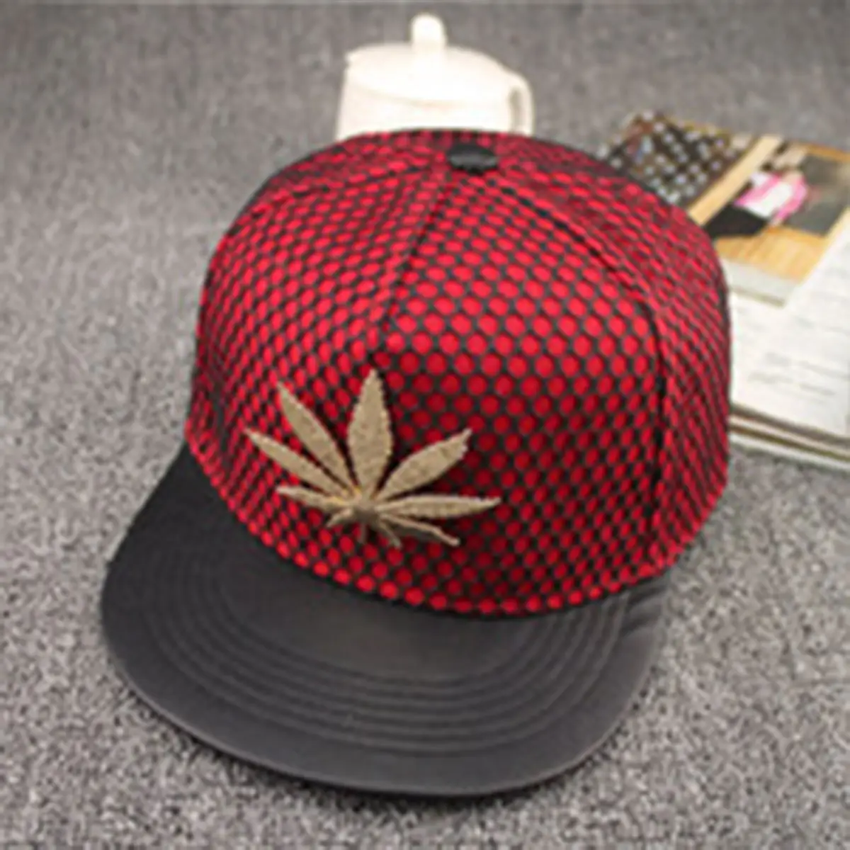 Men Women Blue Mesh Cap with Gold Leaf Design — feature 5