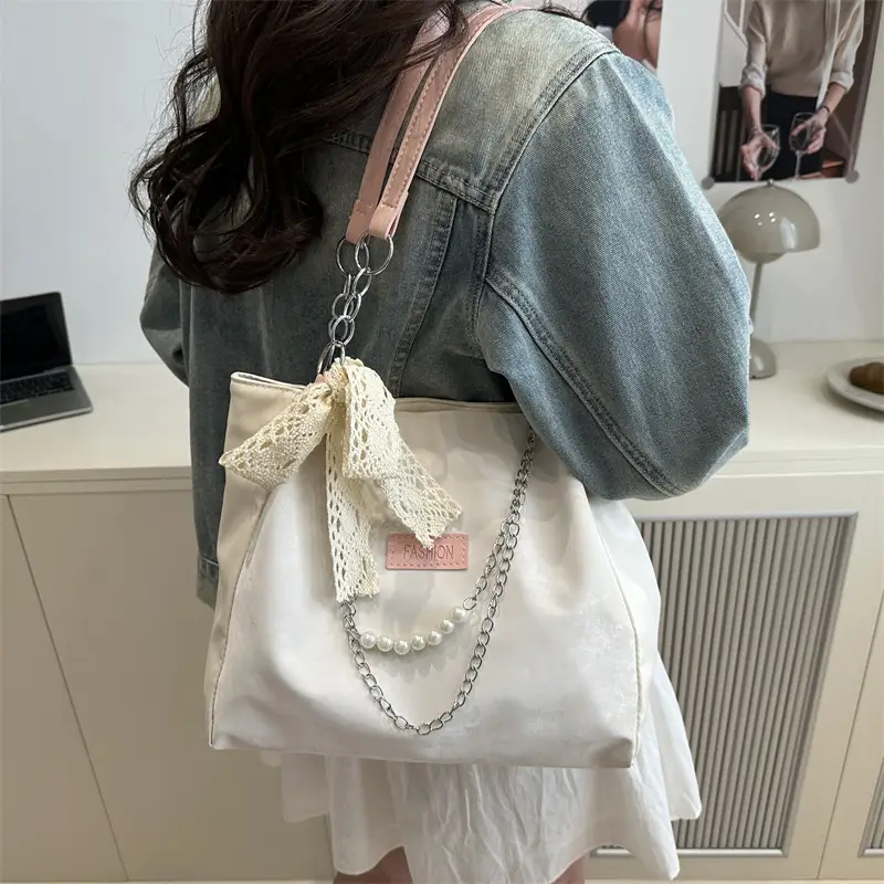 Women's Chain Strap Shoulder Bag with Pearl Lace - Image 2