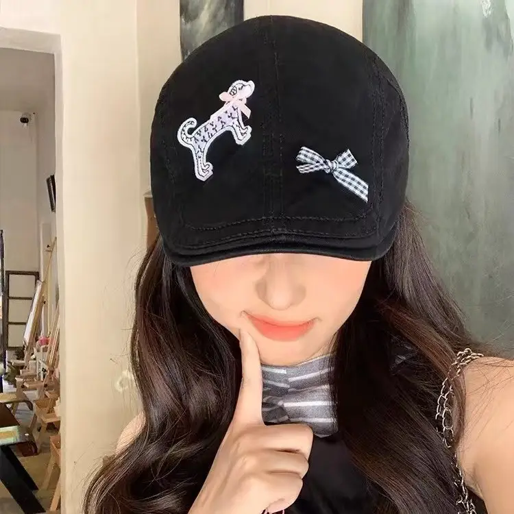Spring Y2K Black Cartoon Dog Hat with Retro Duckbill Beret - Image 4
