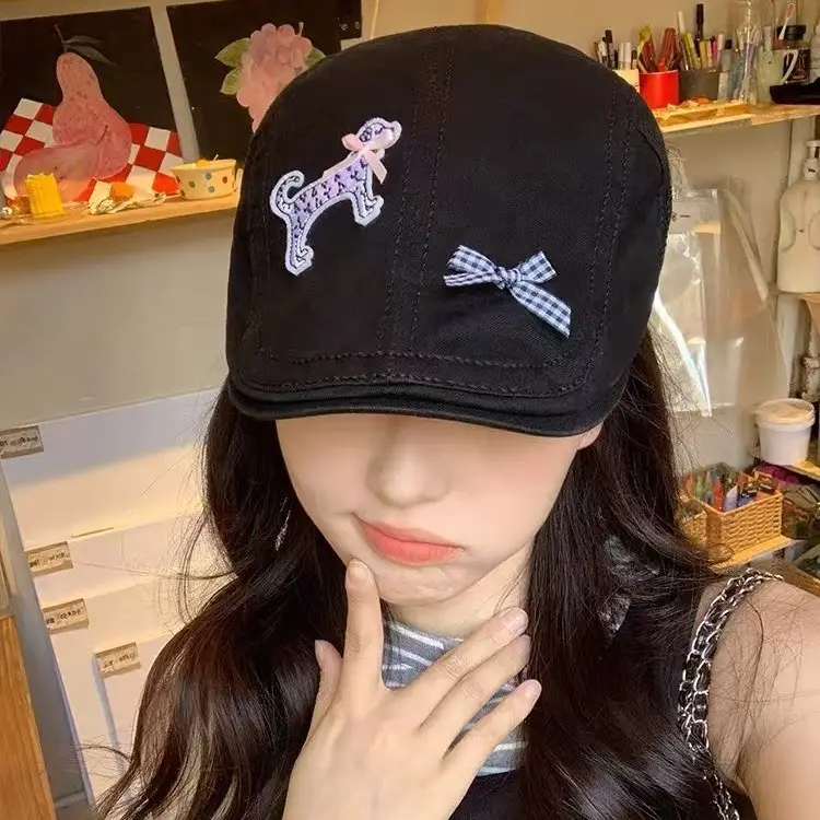 Spring Y2K Black Cartoon Dog Hat with Retro Duckbill Beret - Image 5