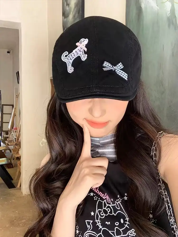 Spring Y2K Black Cartoon Dog Hat with Retro Duckbill Beret — feature 4