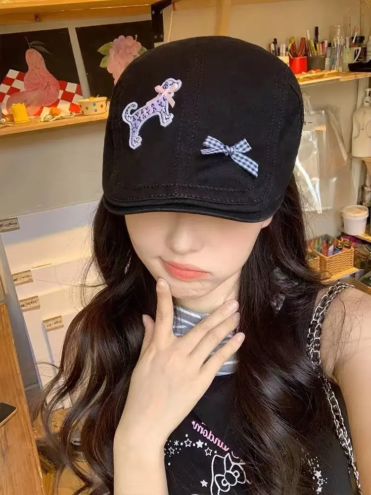 Spring Y2K Black Cartoon Dog Hat with Retro Duckbill Beret — feature 6