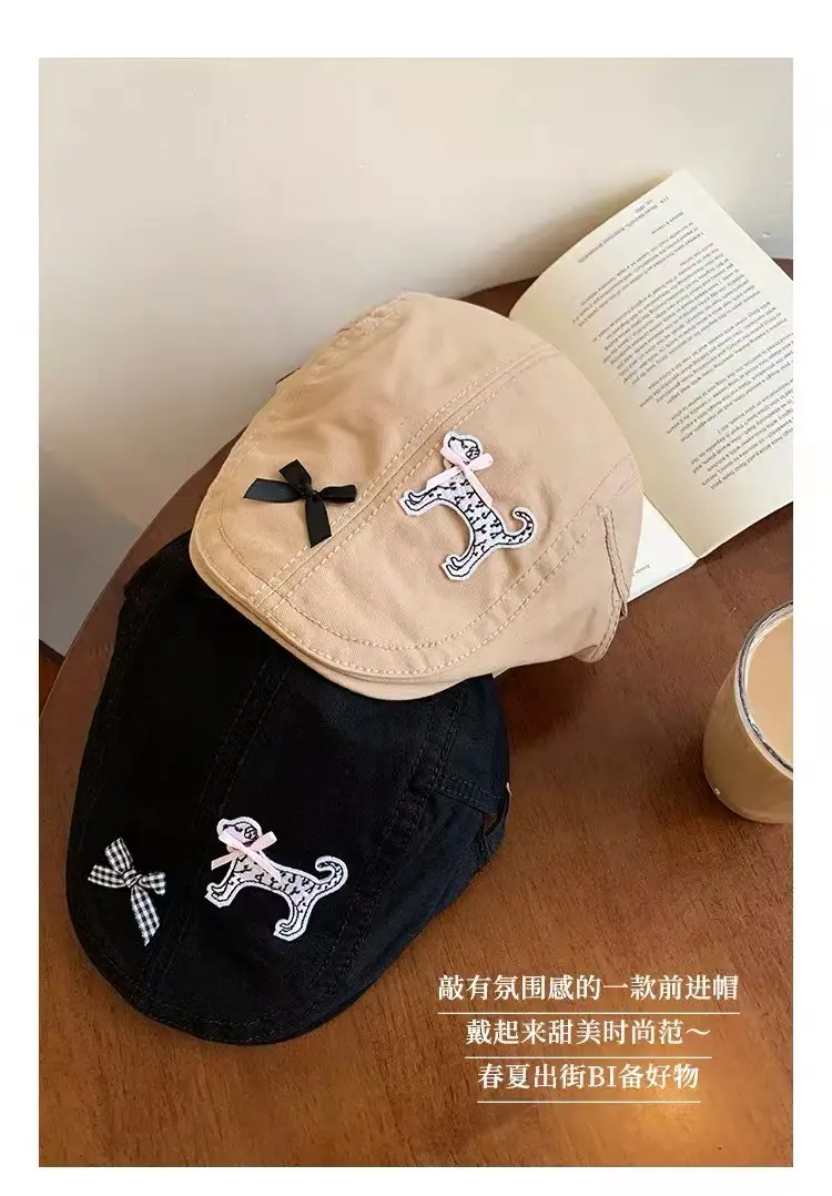 Spring Y2K Black Cartoon Dog Hat with Retro Duckbill Beret — feature 8
