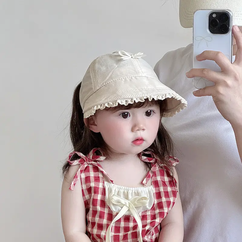 Baby's Brown Bow Cap with Pom Pom Edge — feature 4