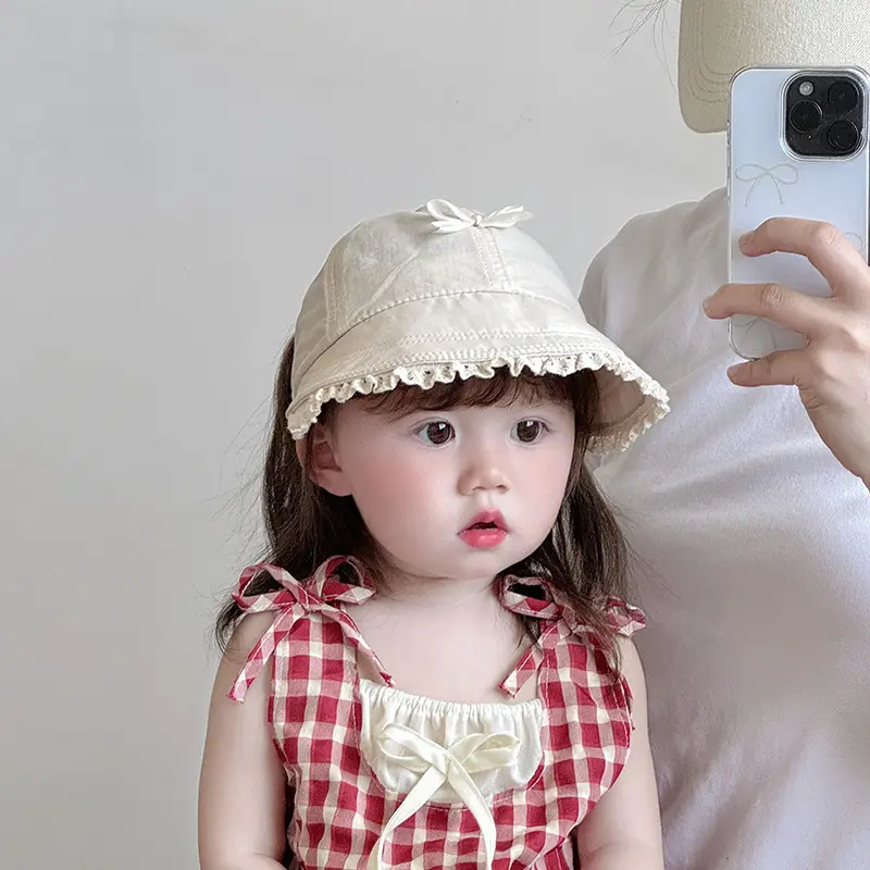 Baby's Brown Bow Cap with Pom Pom Edge — feature 5