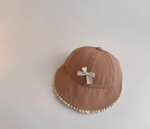 Baby's Brown Bow Cap with Pom Pom Edge - Image 3