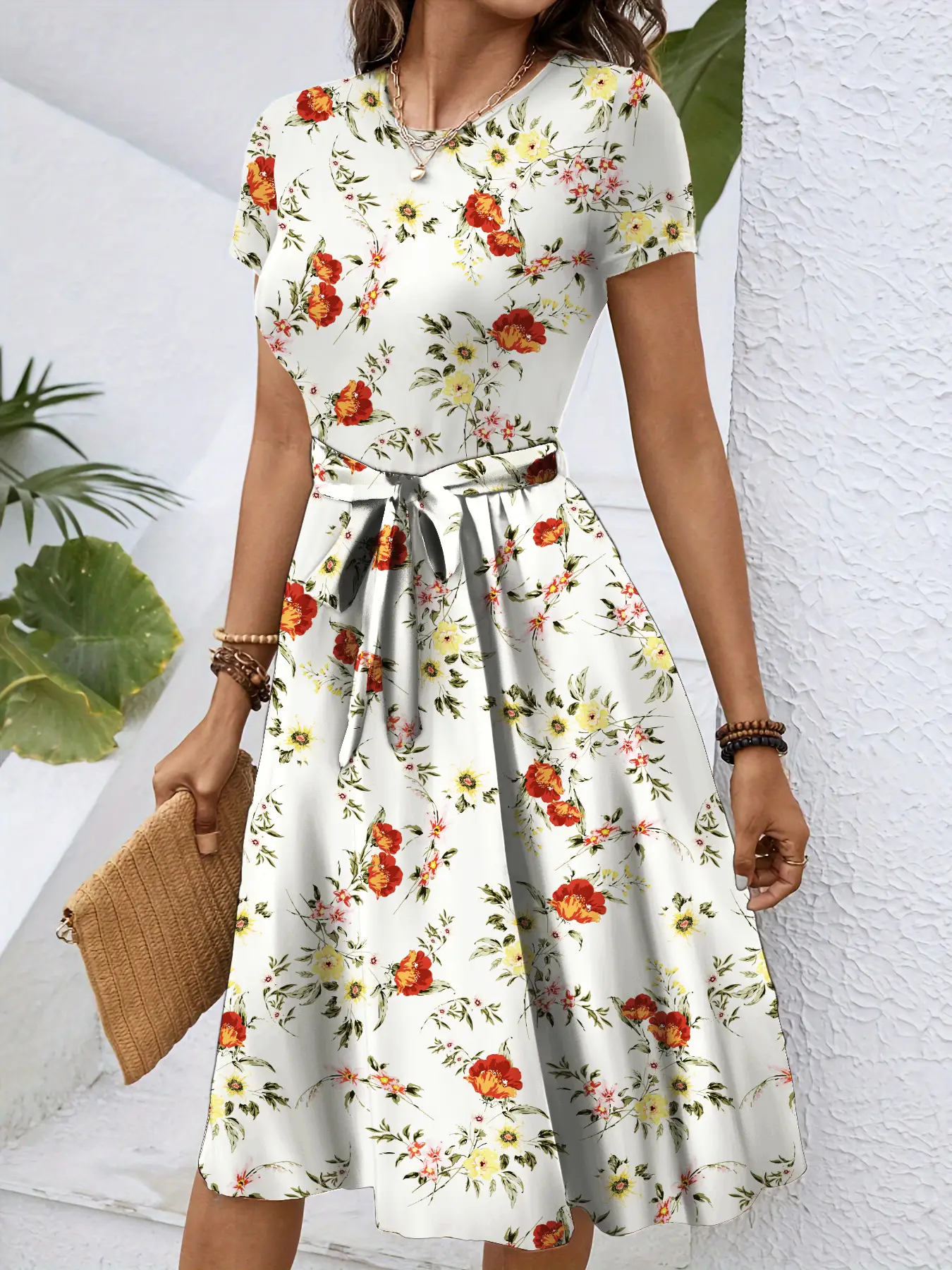 Women Floral Print Mid-Length Dress White - Image 3